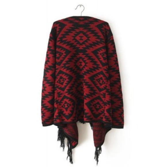 Aztec Print Open front print cardigan in Burgundy - Picture 3 of 7